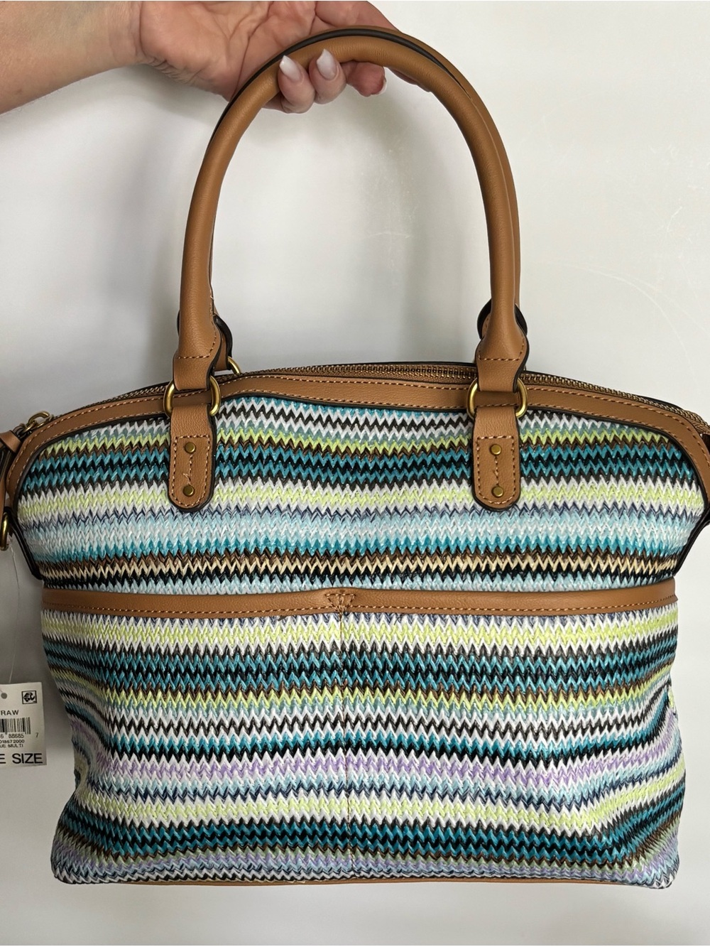 Style & Co Woven Stripe Tote Blue Tan Satchel Crossbody Summer Bag NWT